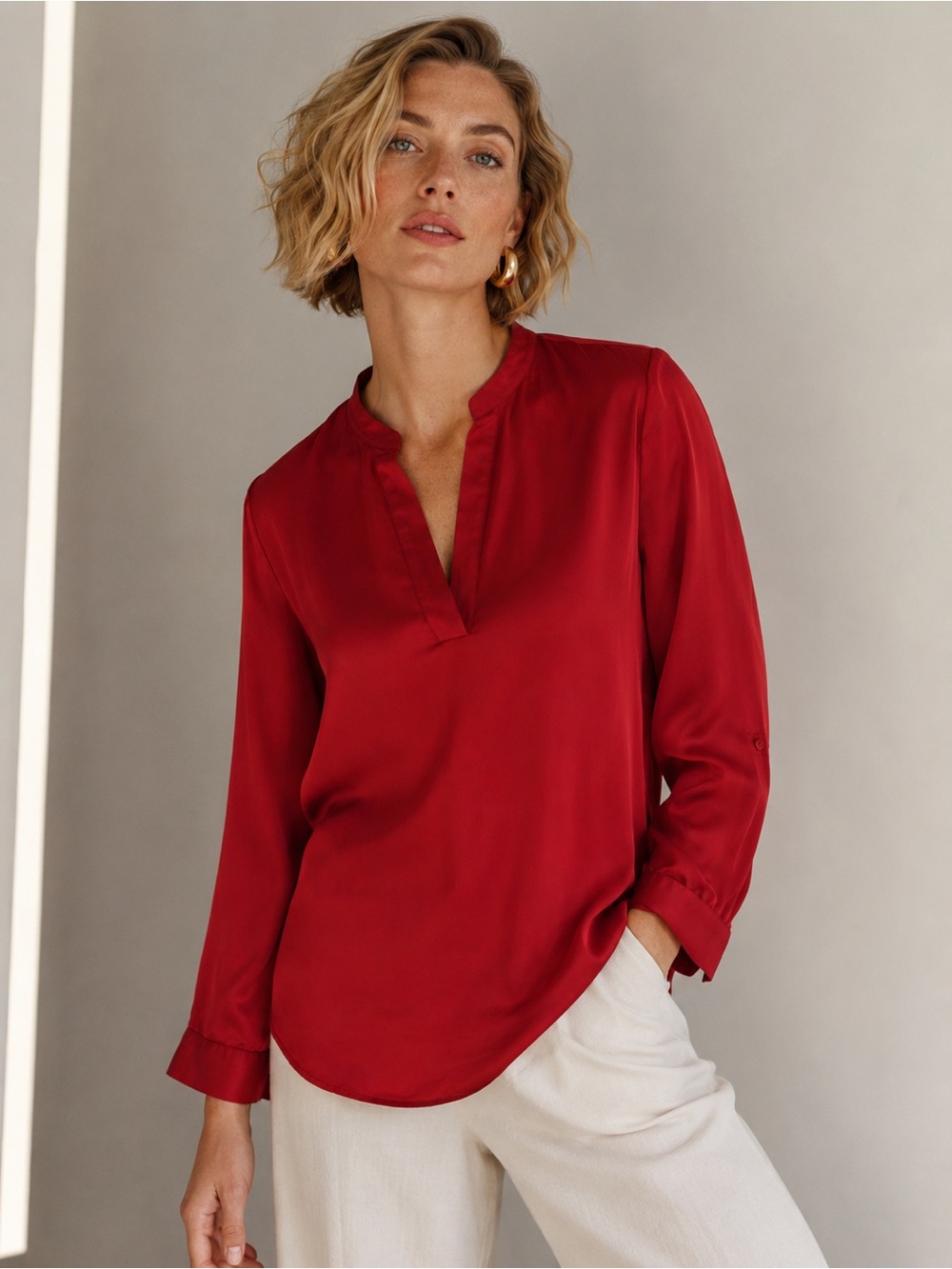Chico's “Lipstick Red” High-Low Split Neck Roll-Tab Popover Blouse - Size - M